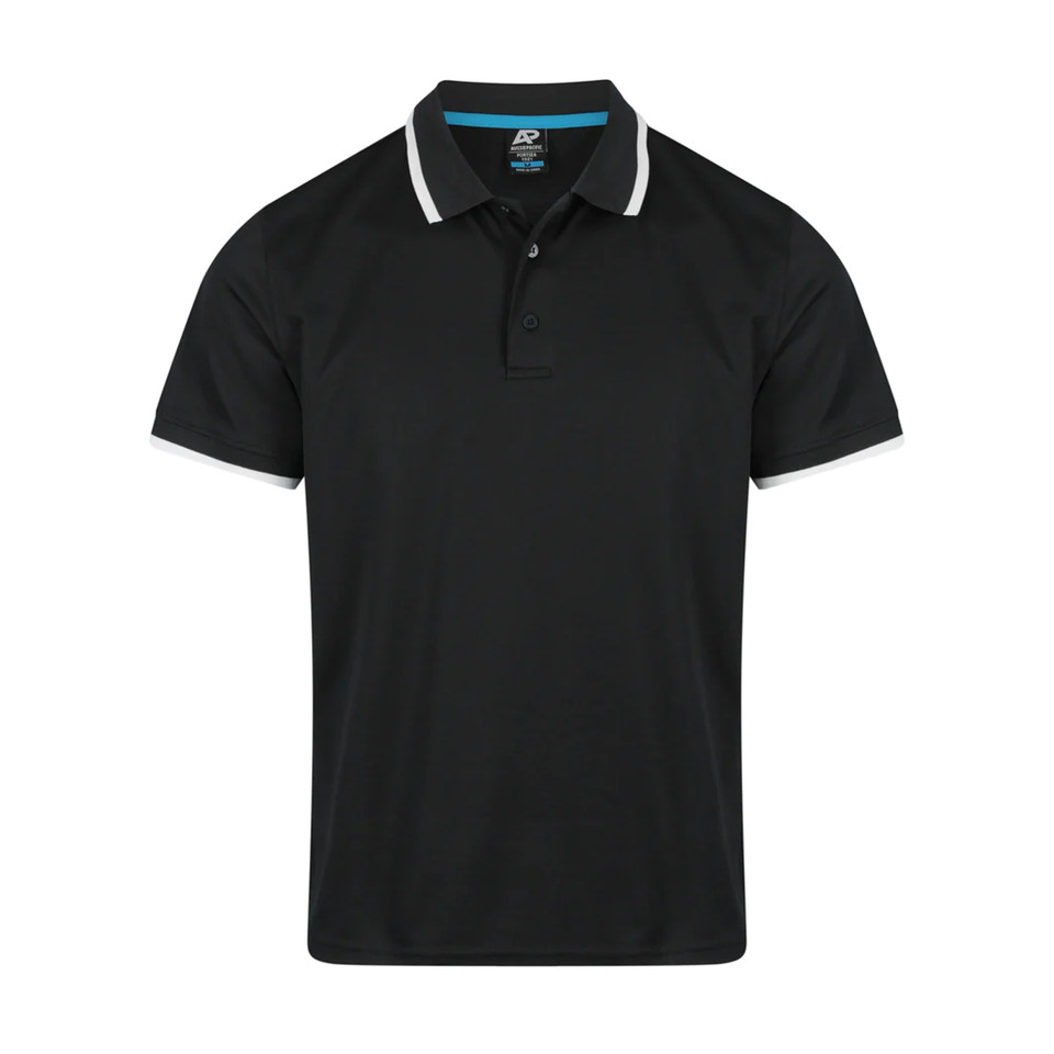 Black men's polo shirt with white tipped collar and sleeve cuffs, three-button placket, smooth flat front panel