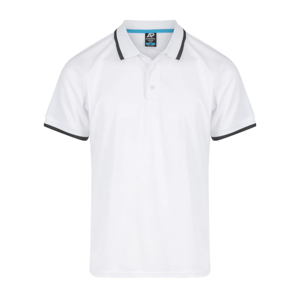 White men's polo shirt with charcoal contrast tipping on collar and sleeve cuffs, three-button placket, flat lay packshot
