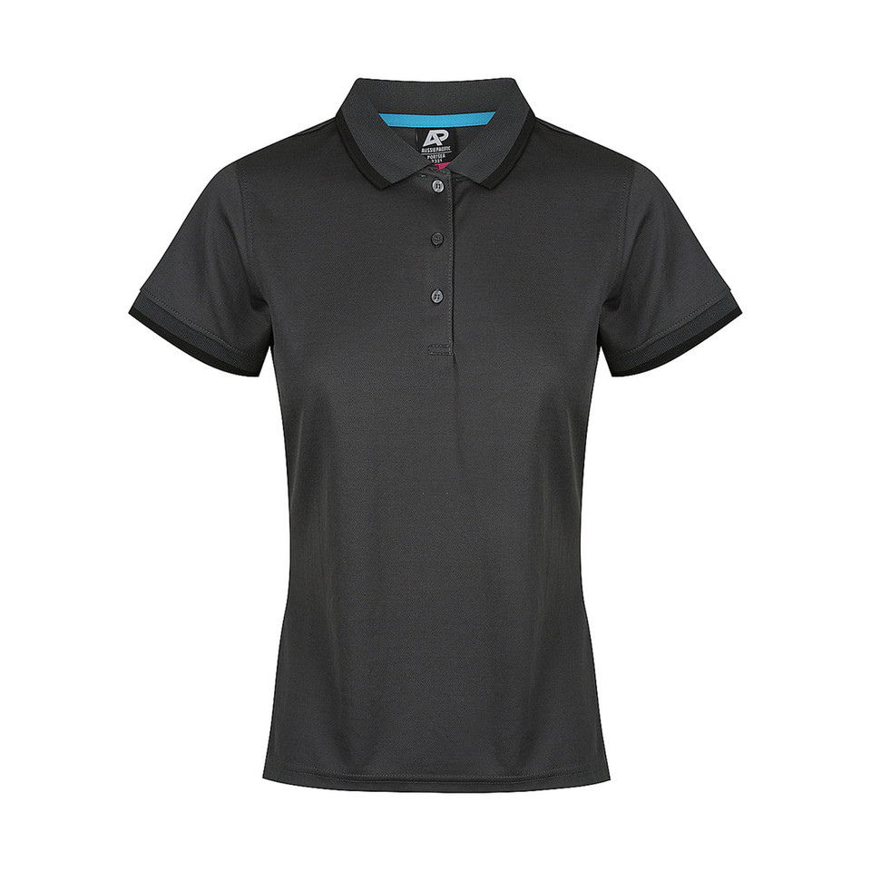 Charcoal grey ladies polo shirt with contrast teal inner collar trim and button placket