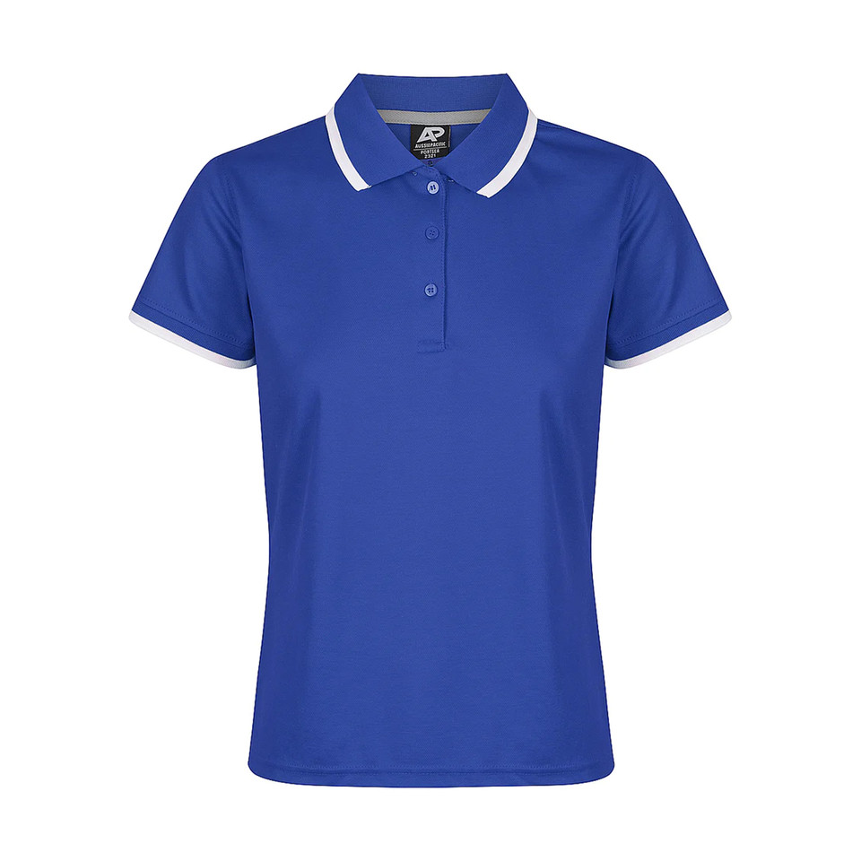Royal blue ladies polo shirt with white contrast tipping on collar and sleeves