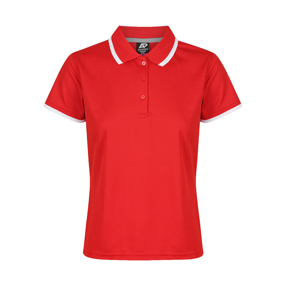 Ladies red performance polo with white contrast collar, cuffs and three-button placket, flat packshot