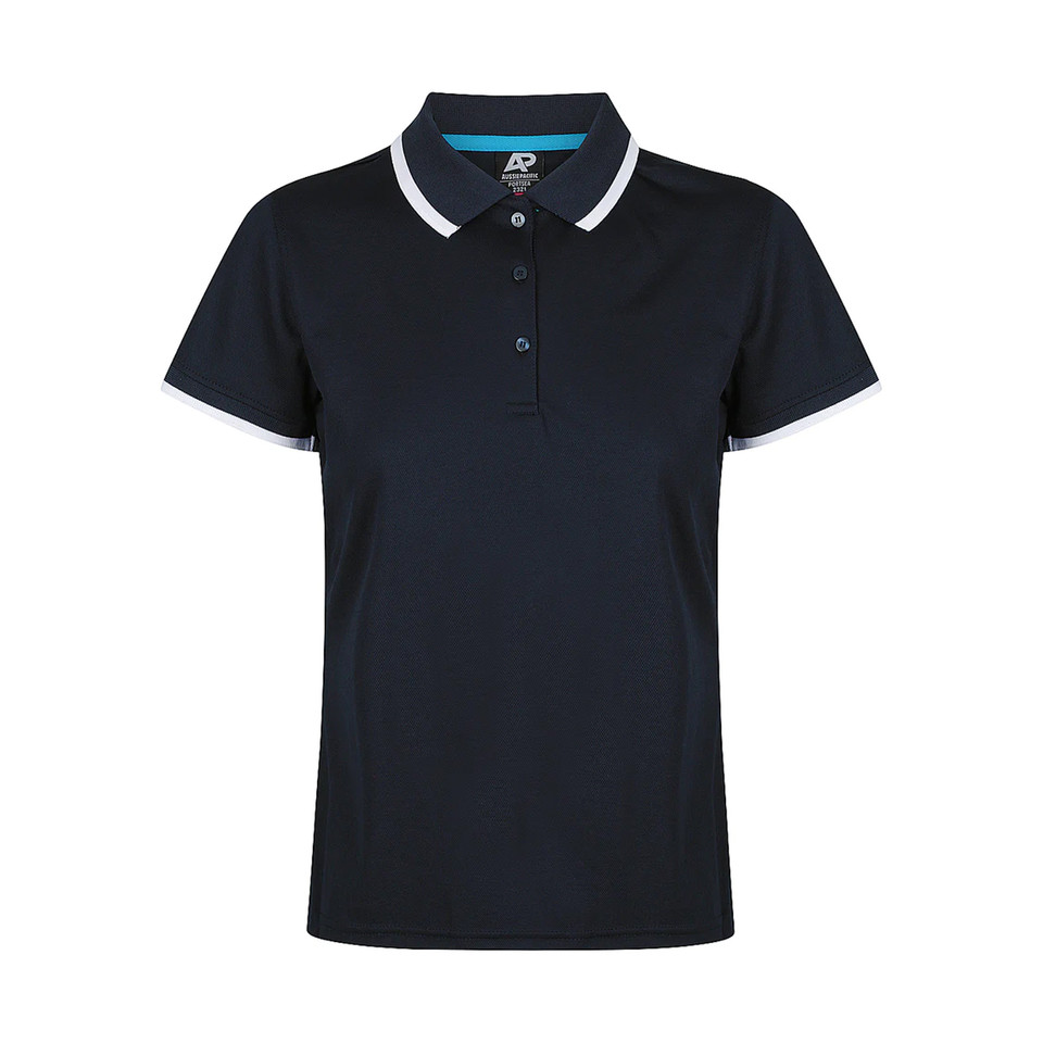 Navy ladies polo shirt with white contrast collar, cuffs, and three-button placket — flat lay packshot