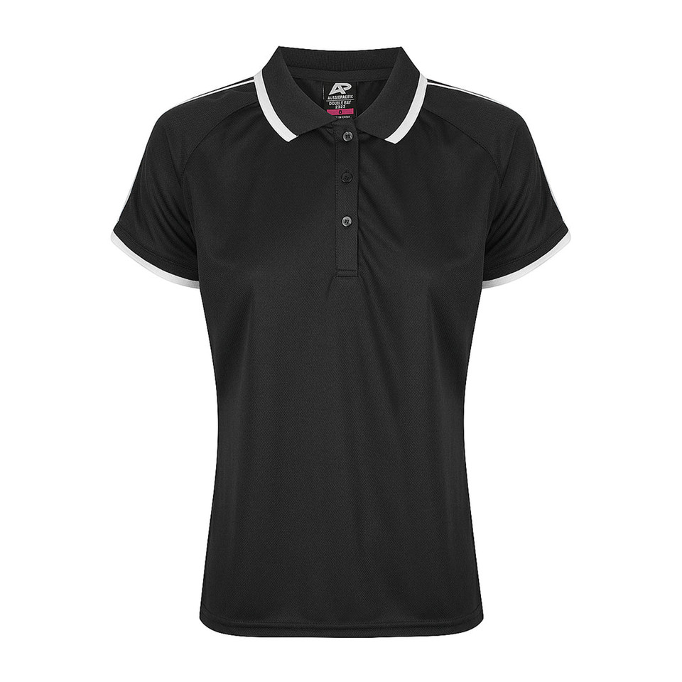 Black ladies polo shirt with white contrast tipping on collar and raglan sleeves, featuring button placket