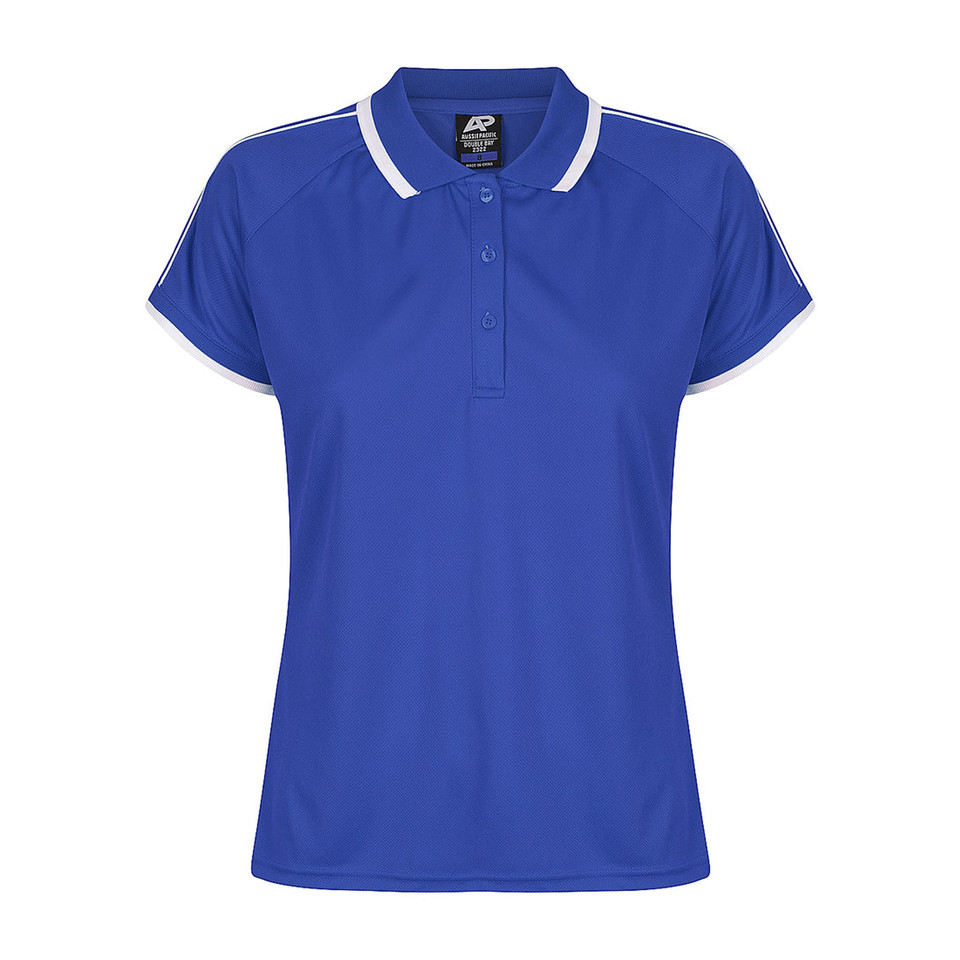 Royal blue ladies polo with white contrast tipping on collar and sleeves, raglan styling and button placket