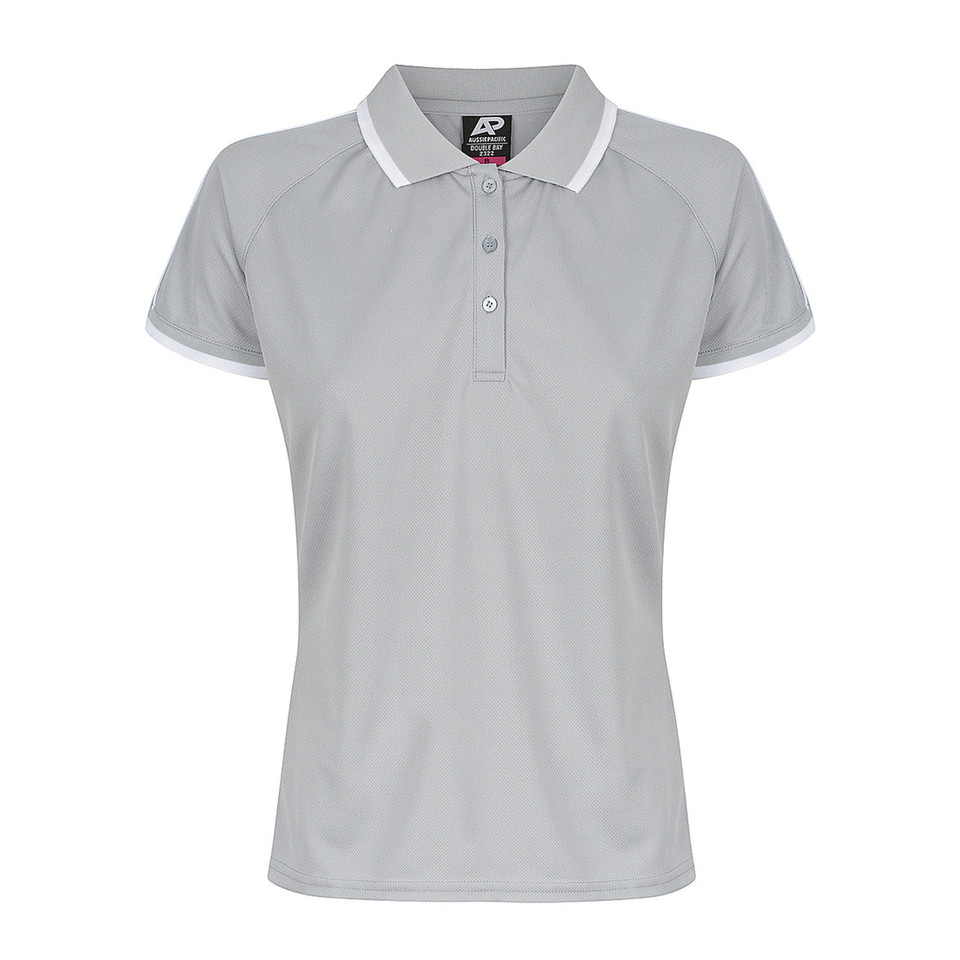 Light grey ladies raglan polo with white contrast collar and sleeve trim, featuring button placket