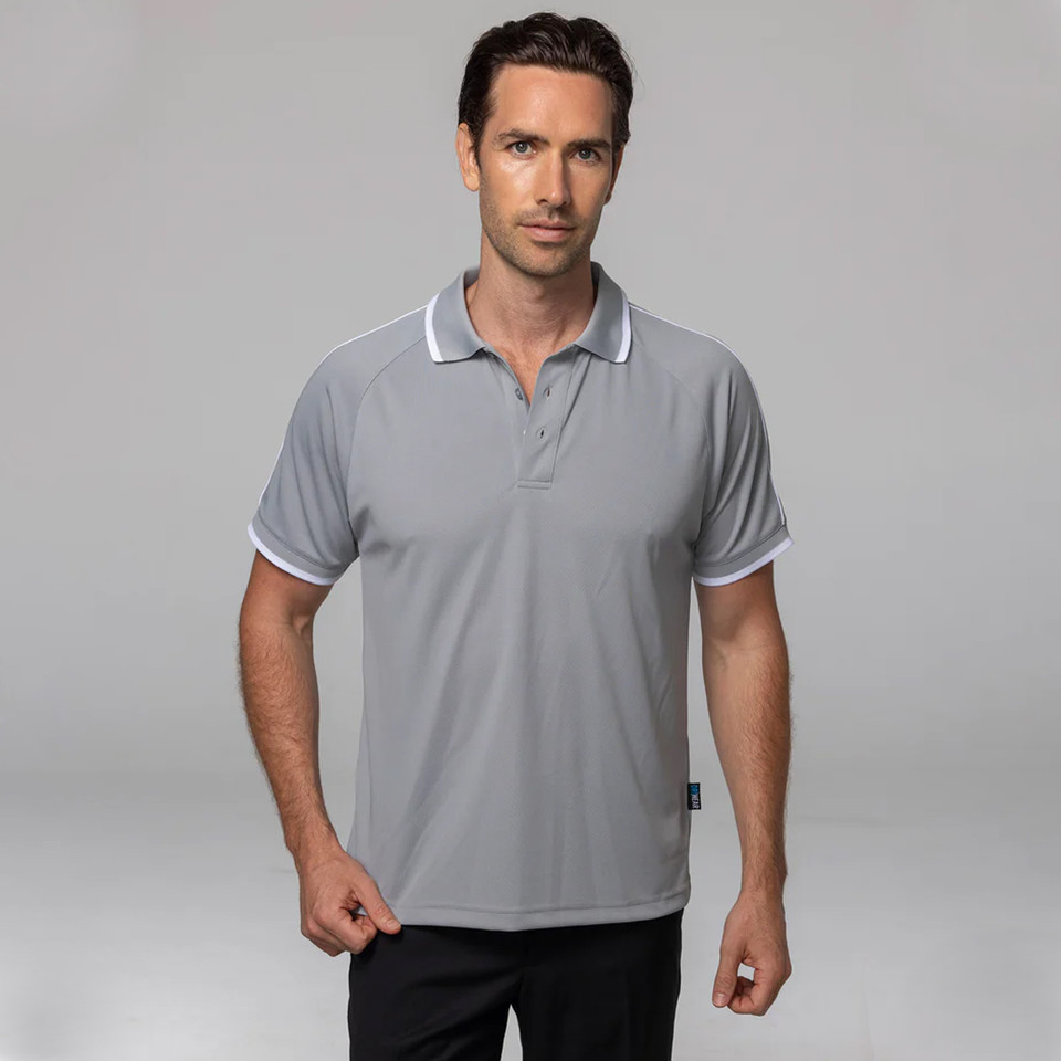 Man wearing silver grey raglan polo shirt with white contrast collar and sleeve cuffs, smooth dri-wear fabric