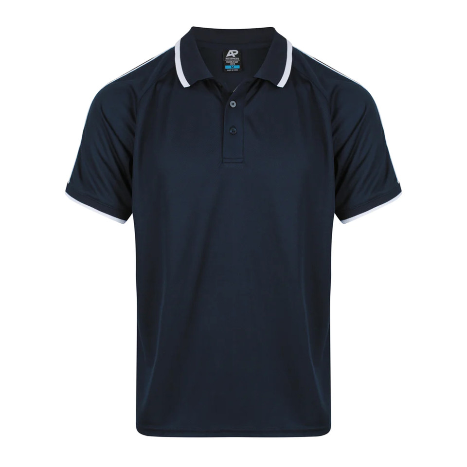 Navy polo shirt with white contrast collar and sleeve tipping, raglan sleeves with performance fabric