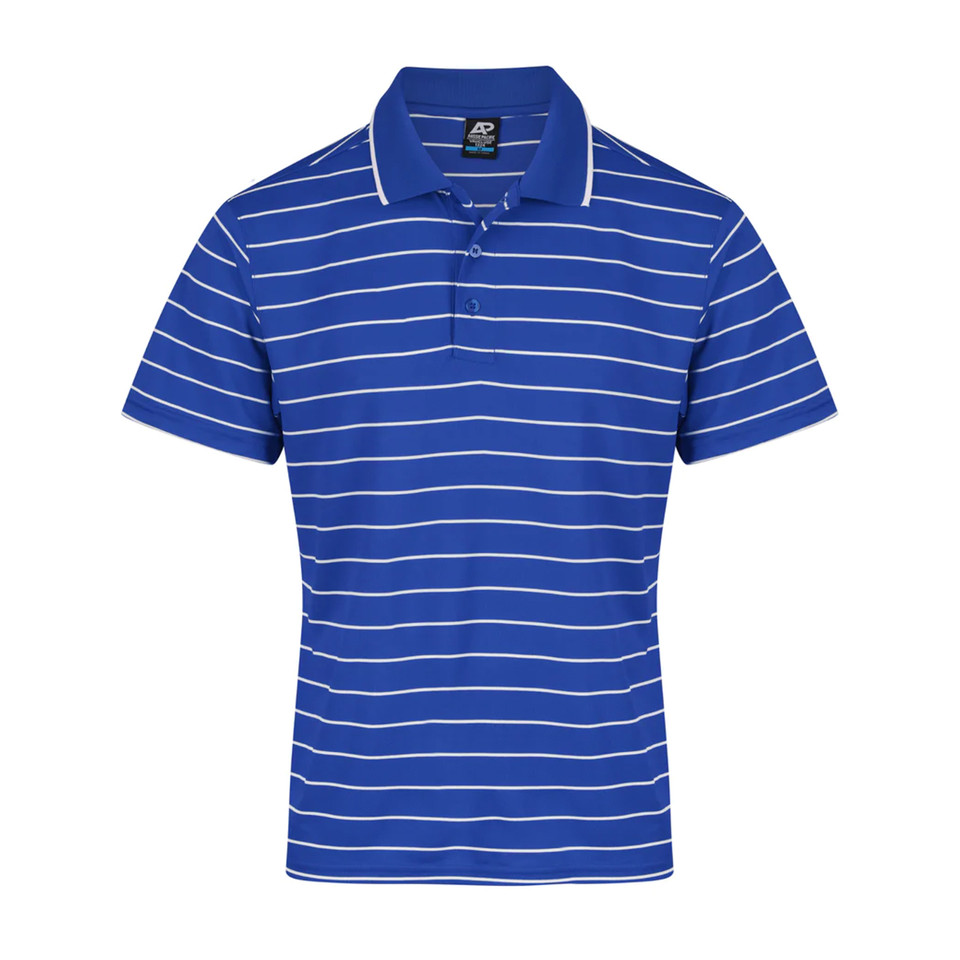 Royal blue polo shirt with fine white horizontal stripes and contrasting collar trim