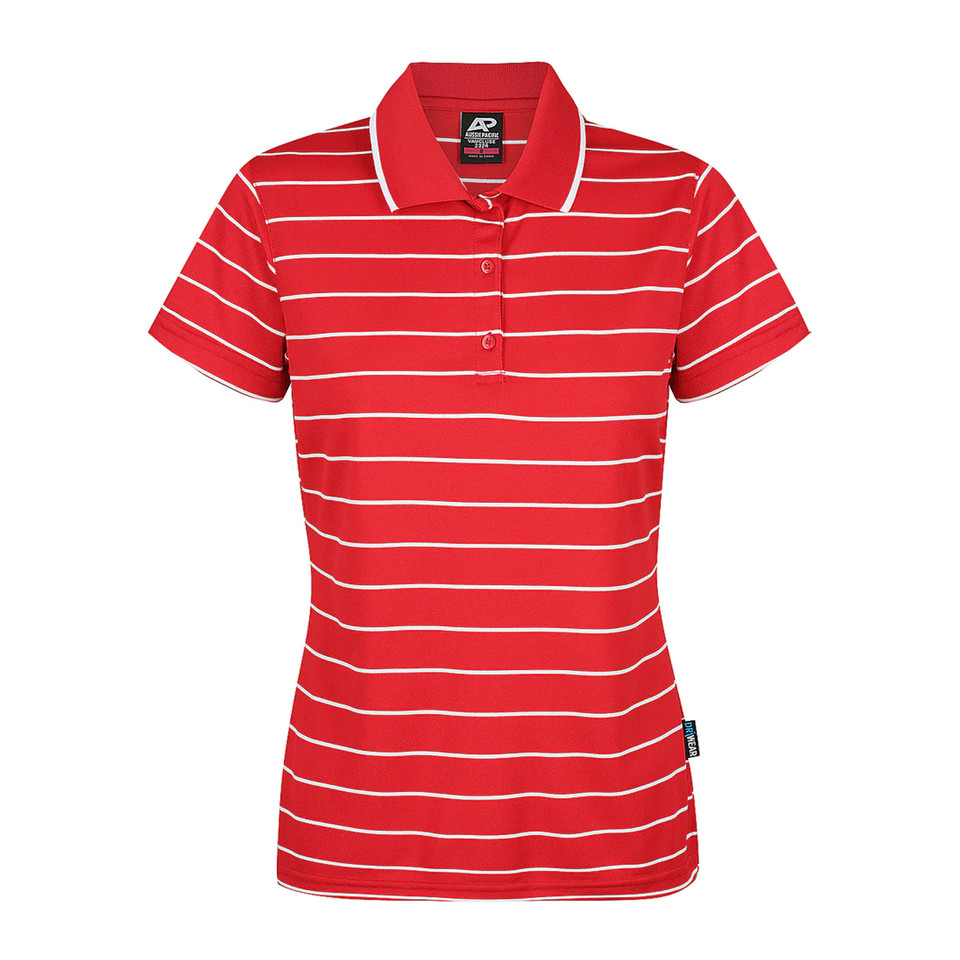 Womens Striped Dri-Wear Active Sports Polo Shirt. Red White Womens Striped Dri-Wear Active Sports Polo Shirt. Red White