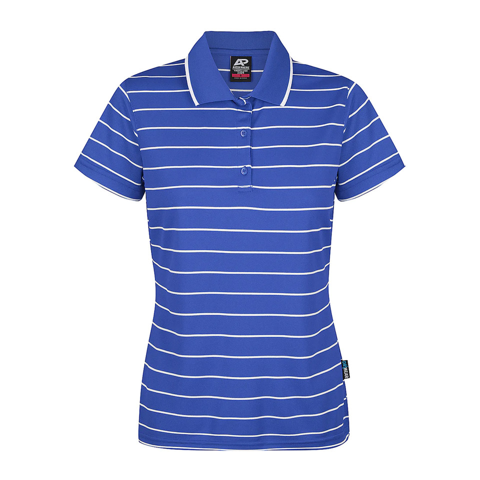Ladies royal blue polo shirt with white horizontal stripes and contrast collar detail