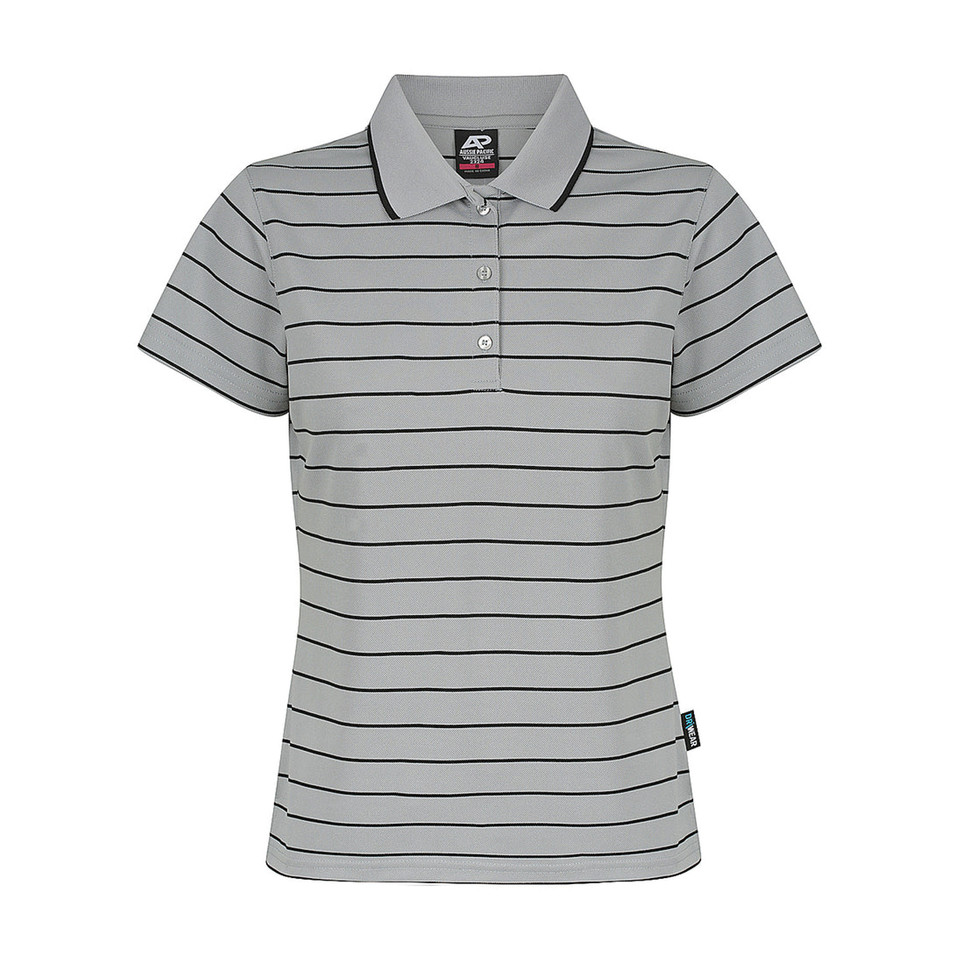Womens Striped Dri-Wear Active Sports Polo Shirt_Silver Gray+Black Womens Striped Dri-Wear Active Sports Polo Shirt_Silver Gray+Black