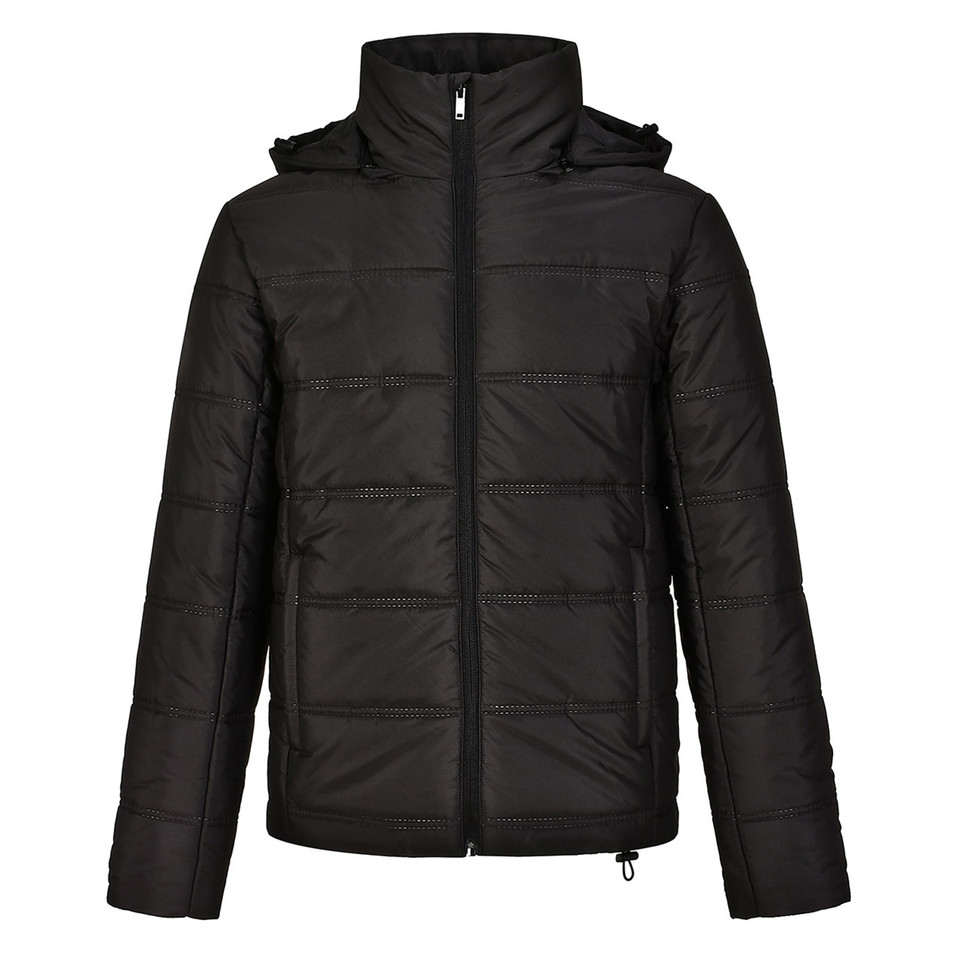 Black quilted puffer jacket with attached hood, centre-front zip and horizontal stitch panelling