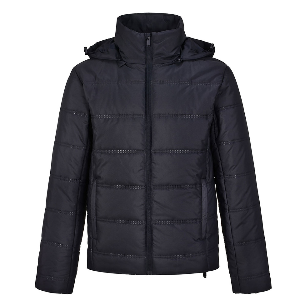 Navy quilted puffer jacket with attached hood, full-length zip, horizontal stitch panels and side zip pocket