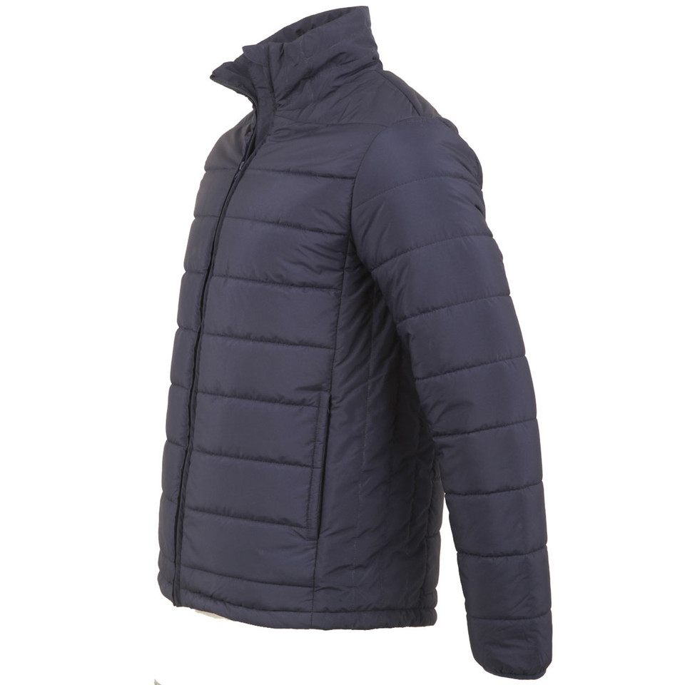 Charcoal grey puffer jacket with horizontal quilted panels and high collar shown in side profile view