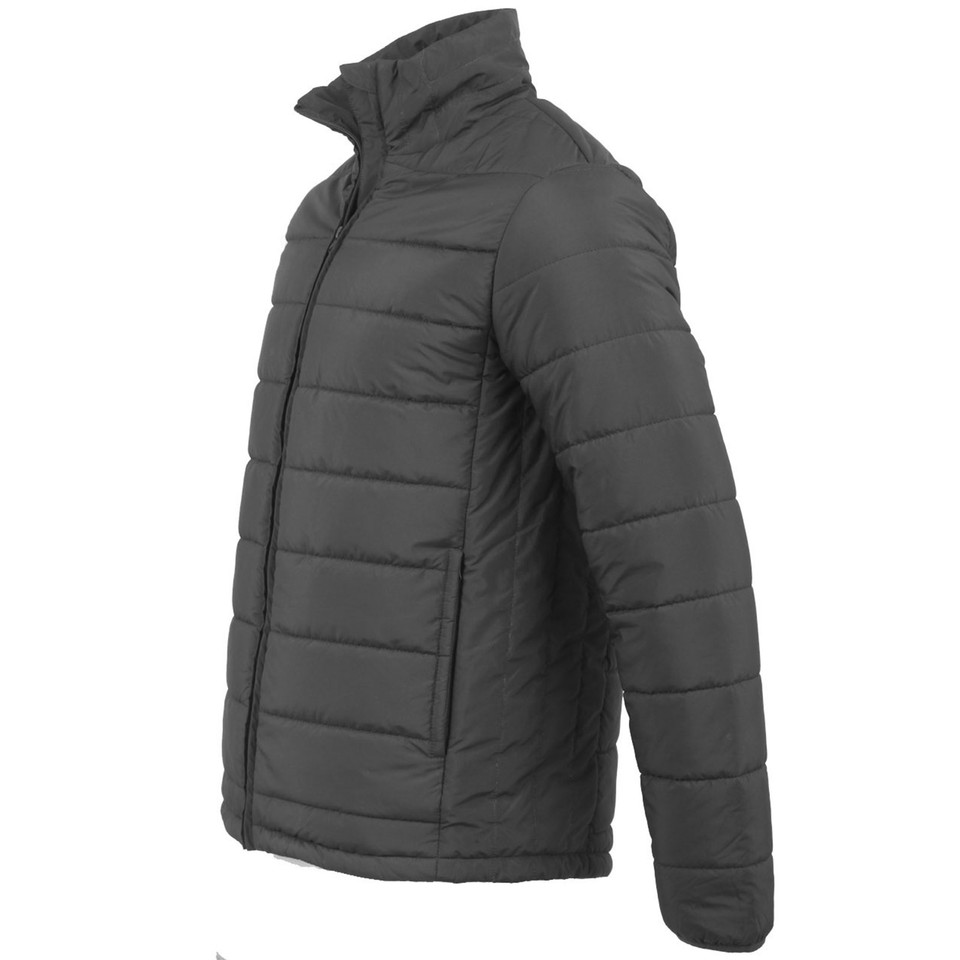 Charcoal grey quilted puffer jacket with stand collar and zip front closure shown in side angle view