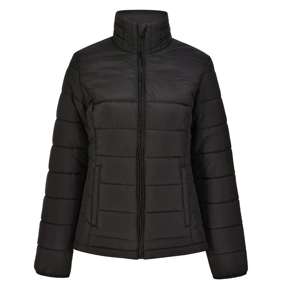 Black ladies quilted puffer jacket with stand collar, centre zip and side pockets — flat lay packshot