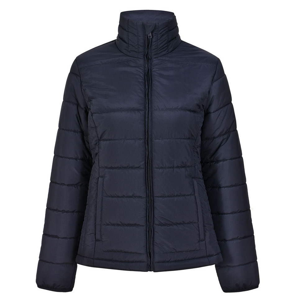 Navy ladies puffer jacket with stand collar, centre-front zip, quilted panels and side zip pockets