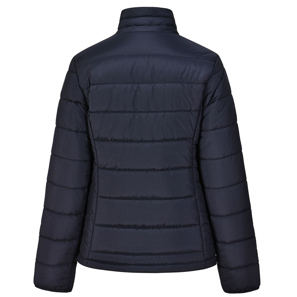 Back view of navy ladies puffer jacket with horizontal quilted panels and stand collar