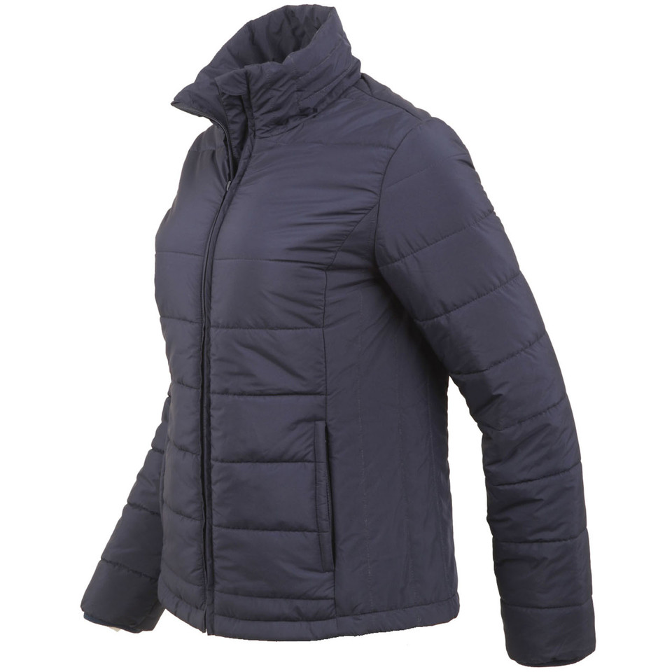 Navy quilted women's puffer jacket with stand collar, full-length zip and side pockets