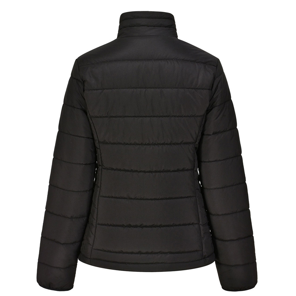 Back view of black ladies puffer jacket with horizontal quilting, stand collar and contoured side panels