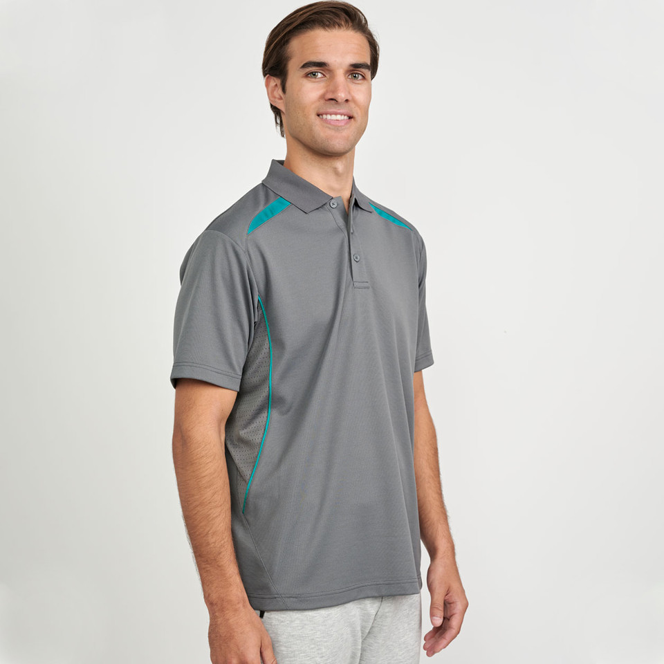 Charcoal grey polo shirt with teal contrast panels on shoulders and sides, featuring zip placket