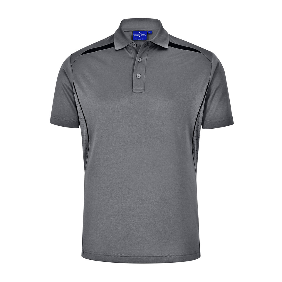 Charcoal grey polo shirt with black contrast panels on shoulders and sides, featuring button placket and collar