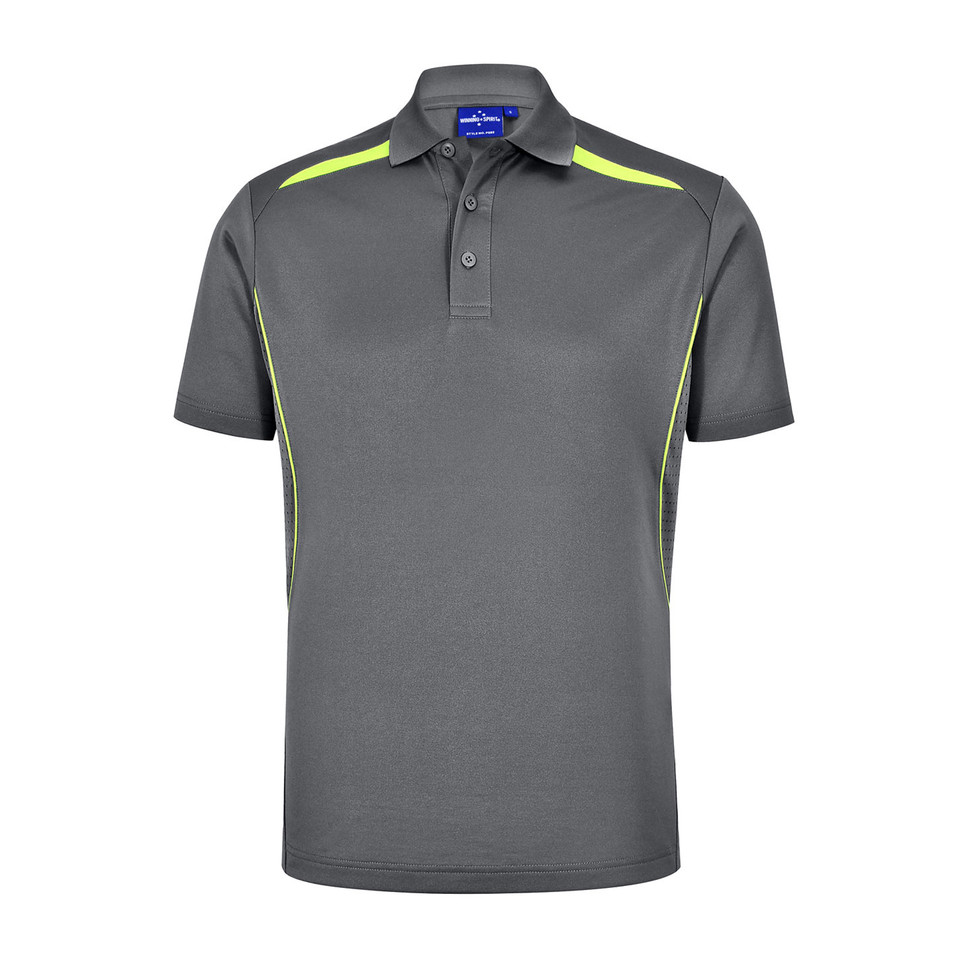Charcoal grey polo shirt with fluorescent yellow contrast piping on shoulders and sides