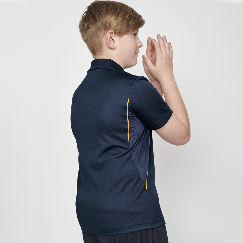 Navy kids polo shirt with yellow side panel contrast detailing viewed from back