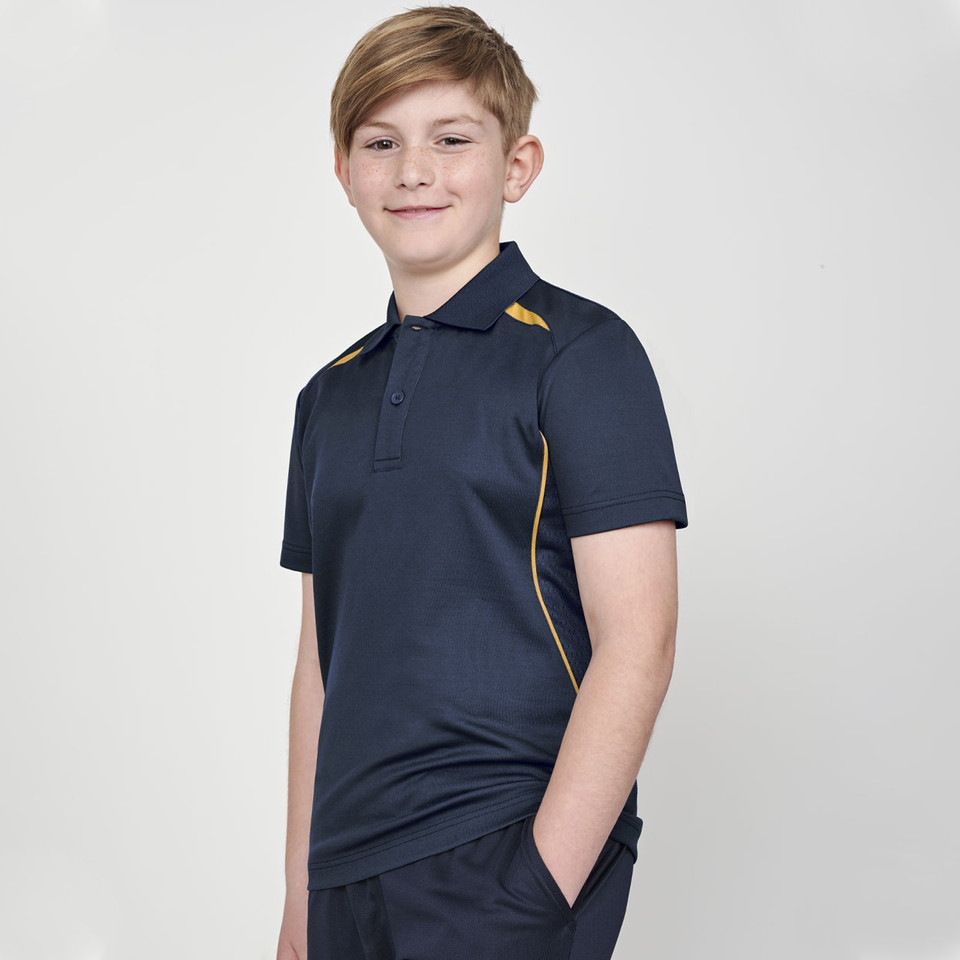 Navy polo shirt with gold contrast piping on shoulders and sides worn by young boy