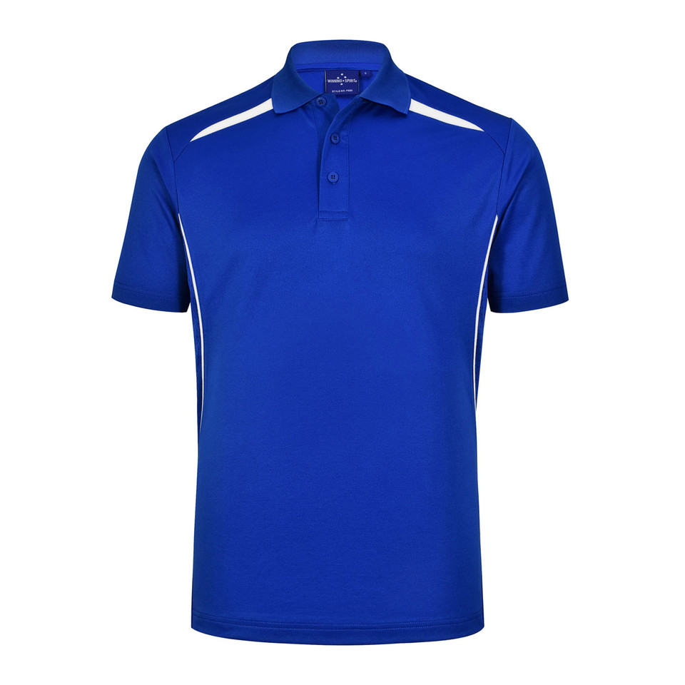 Royal blue kids polo shirt with white contrast piping along shoulders and sides