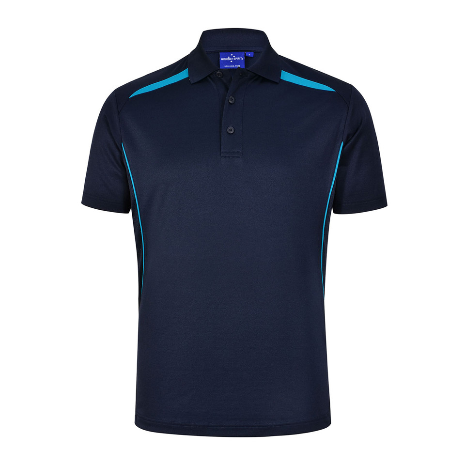 Navy polo shirt with cyan shoulder and side panels featuring contrast piping detail