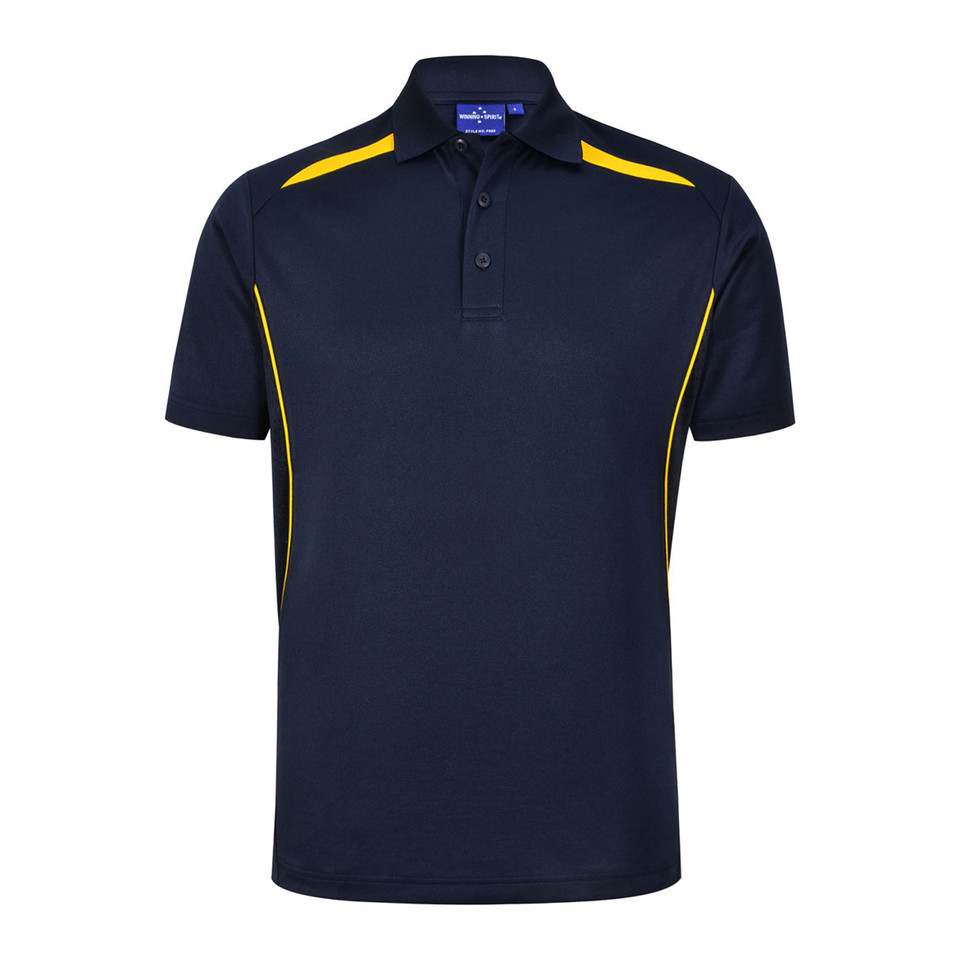 Navy kids polo shirt with gold contrast piping on shoulders and sides