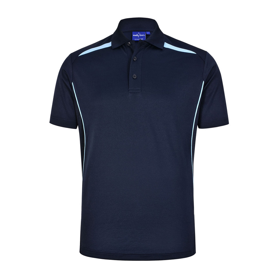 Navy polo shirt with white contrast piping along shoulders and sides, featuring collar and button placket