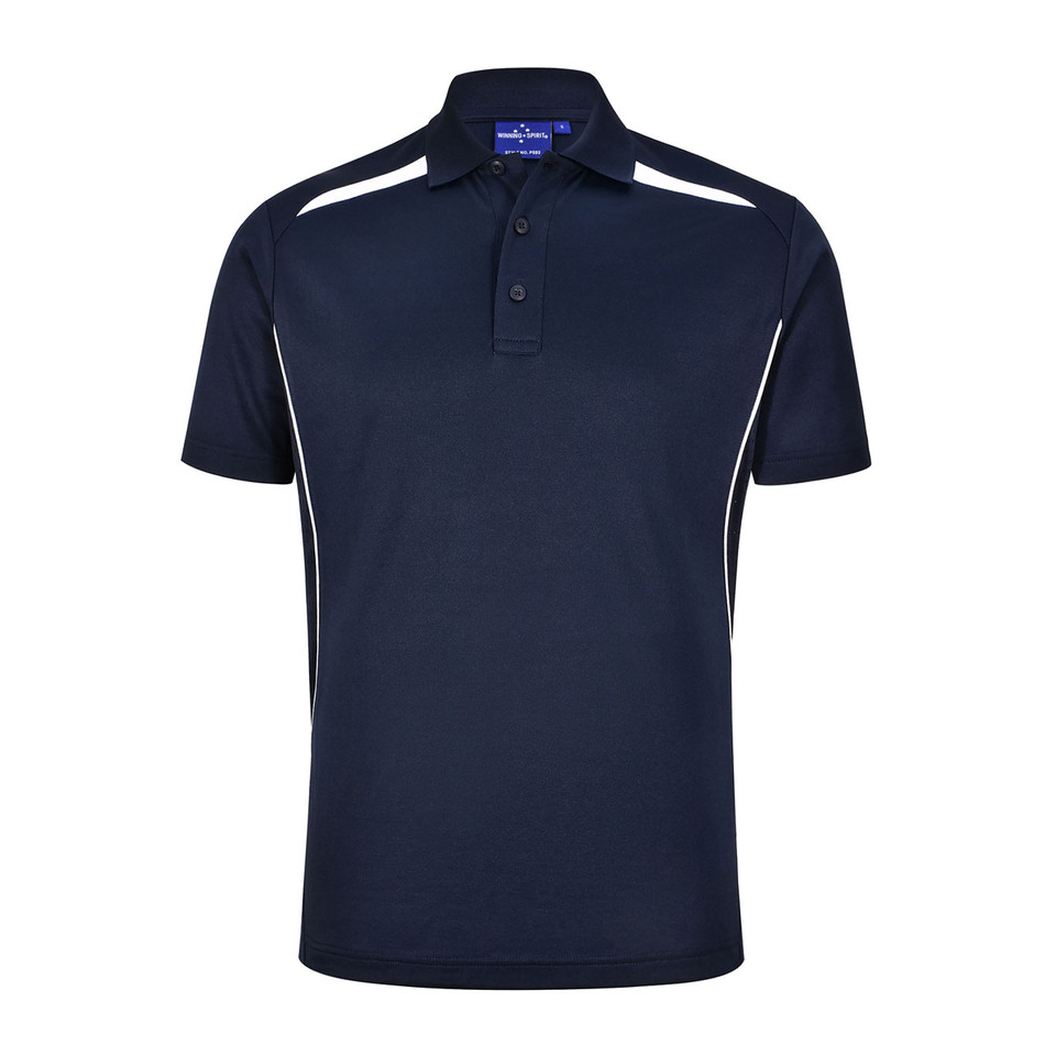 Navy polo shirt with white contrast piping along shoulders and sides