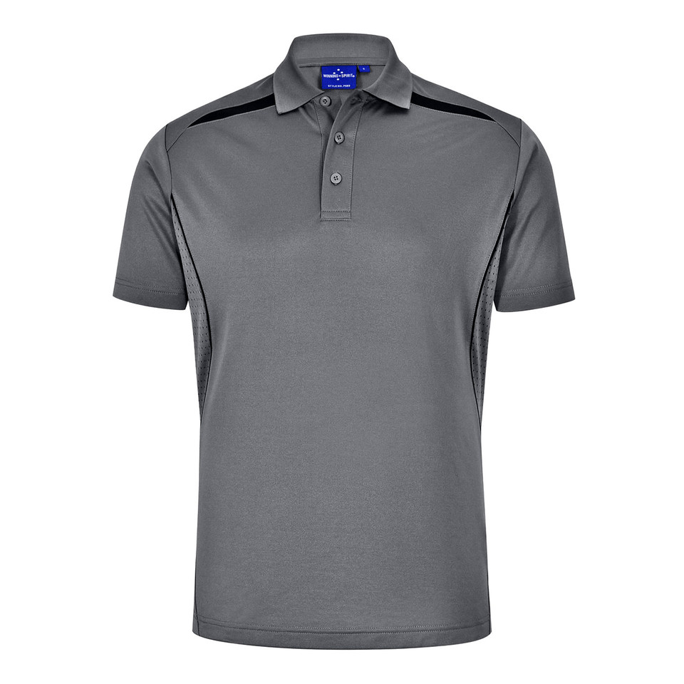 Grey polo shirt with black contrast shoulder panels and matching collar detail