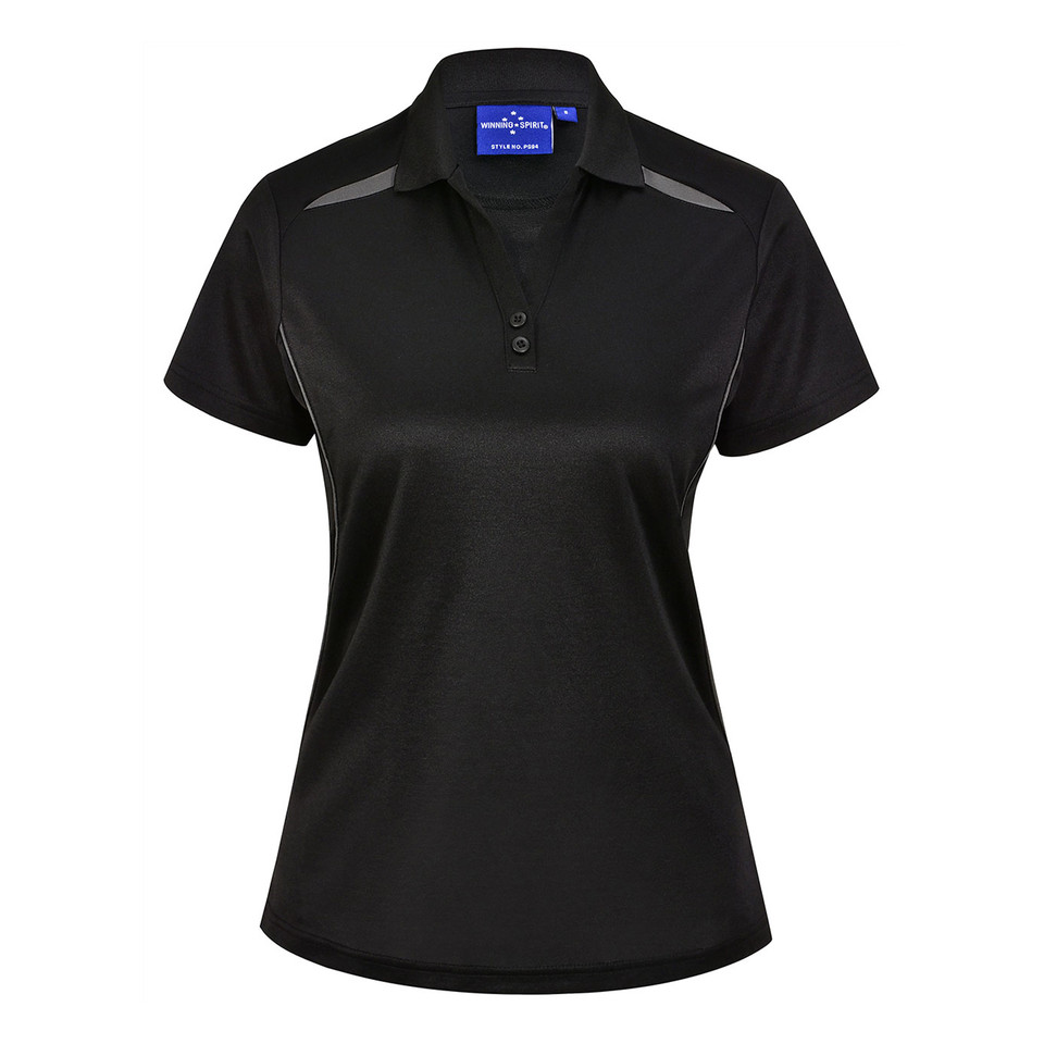 Black ladies polo shirt with charcoal grey contrast panels on shoulders and side seams