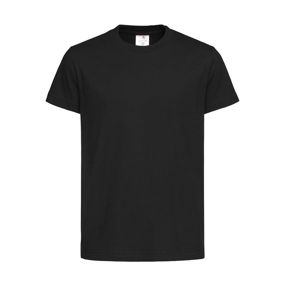 Black crew neck t-shirt with short sleeves and smooth cotton fabric ideal for decoration