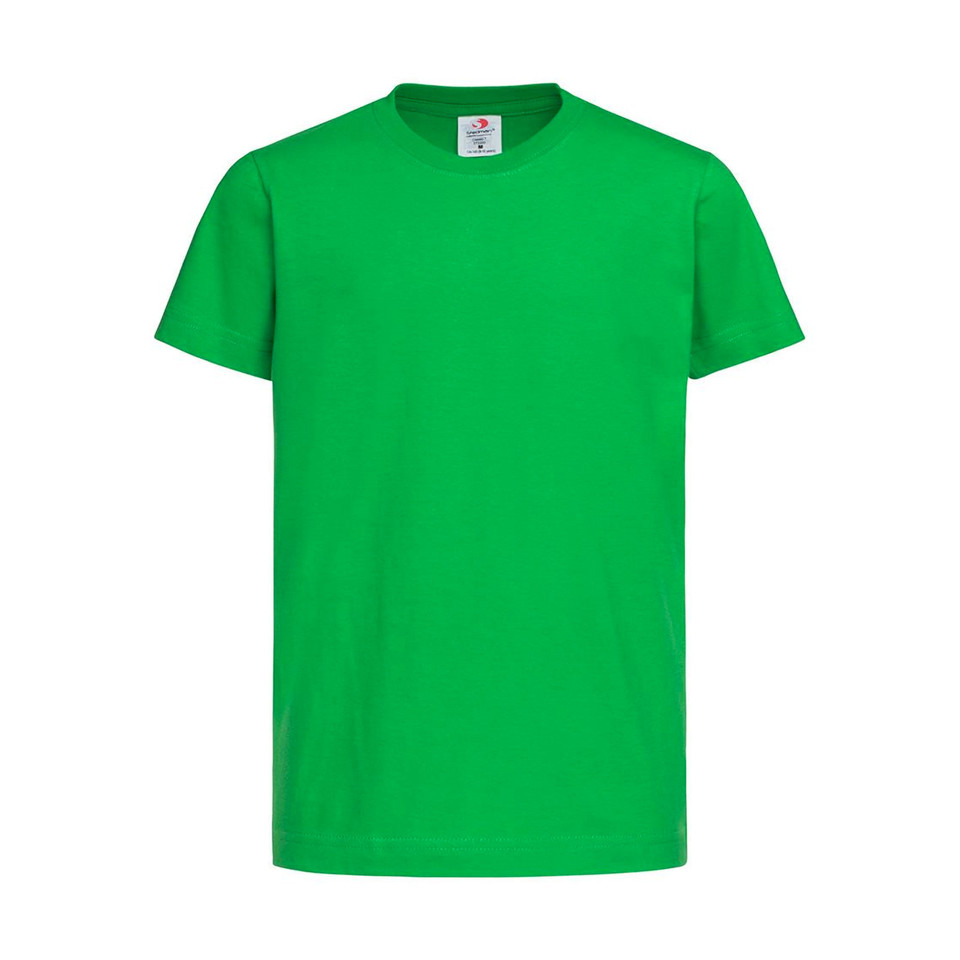 Kelly green crew neck kids t-shirt with short sleeves and smooth cotton construction ideal for decoration