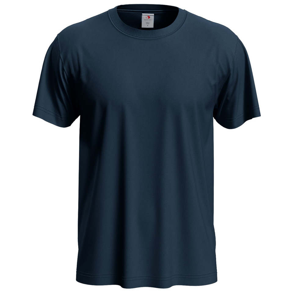 Navy blue men's short sleeve crew neck tubular classic t-shirt, smooth flat front chest, packshot view