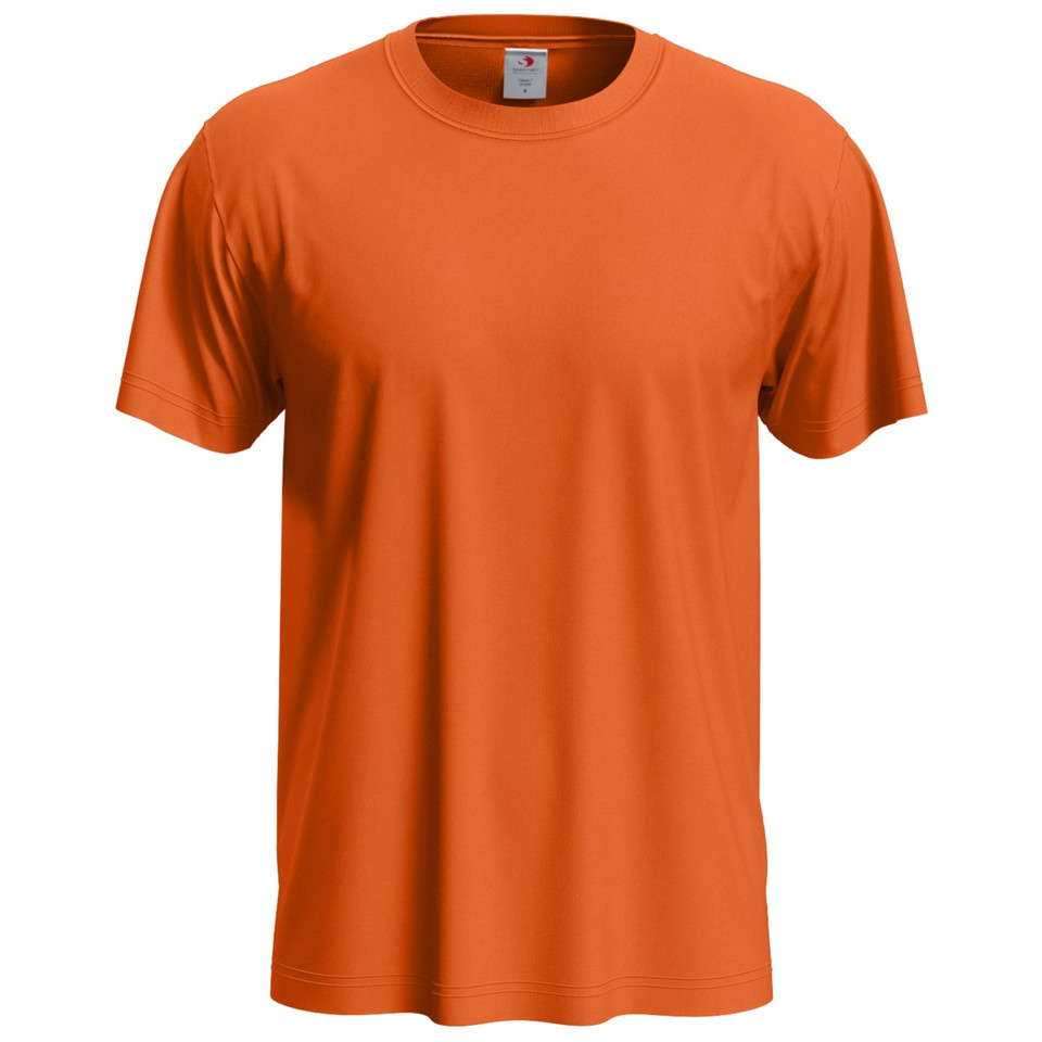 Burnt orange crew neck tee with tubular construction and smooth flat front panel for decoration
