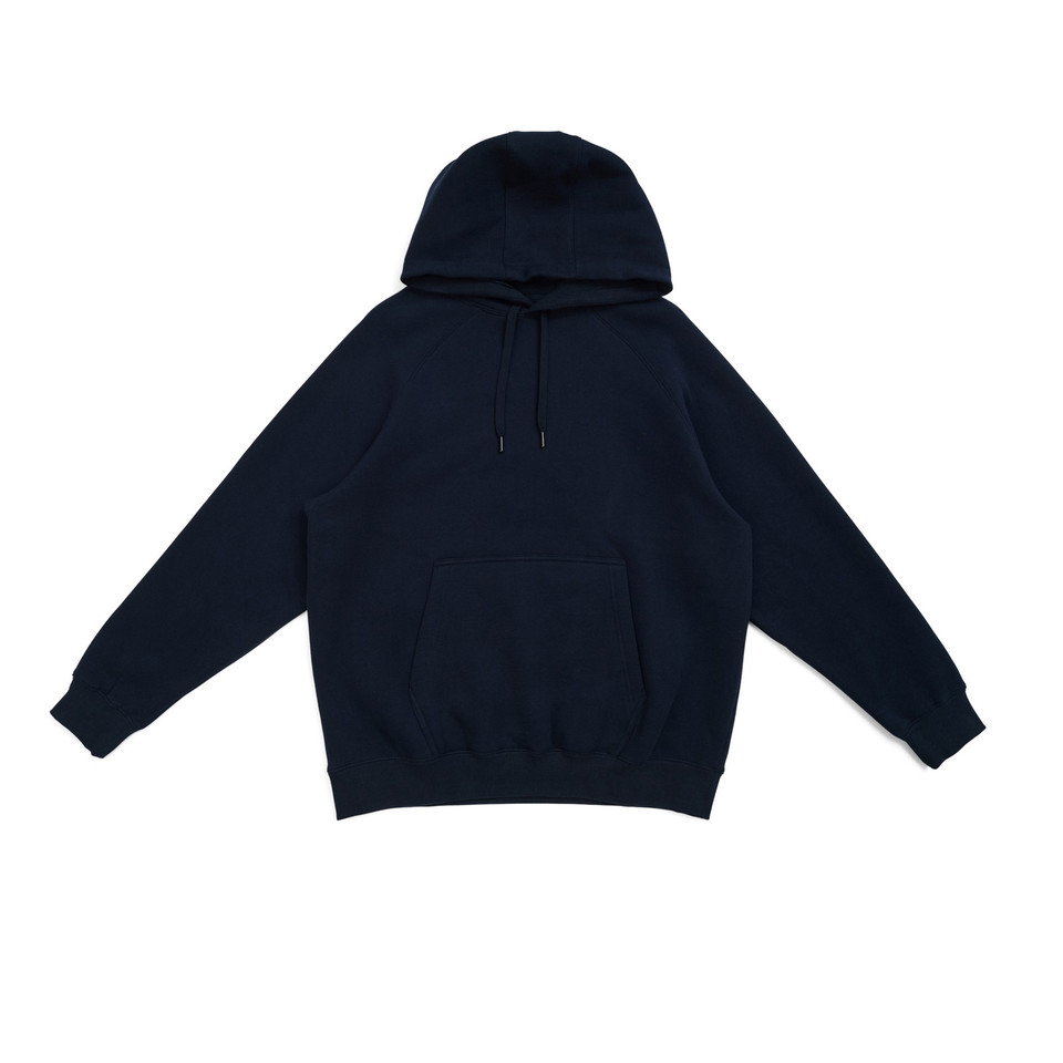 Navy pullover hoodie with kangaroo pocket and adjustable drawstring hood