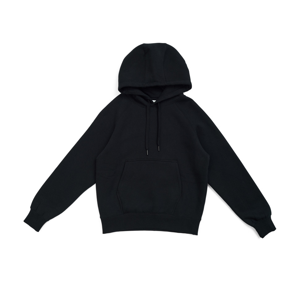 Black cotton rich pullover hoodie with kangaroo pocket and adjustable drawstring hood for ladies