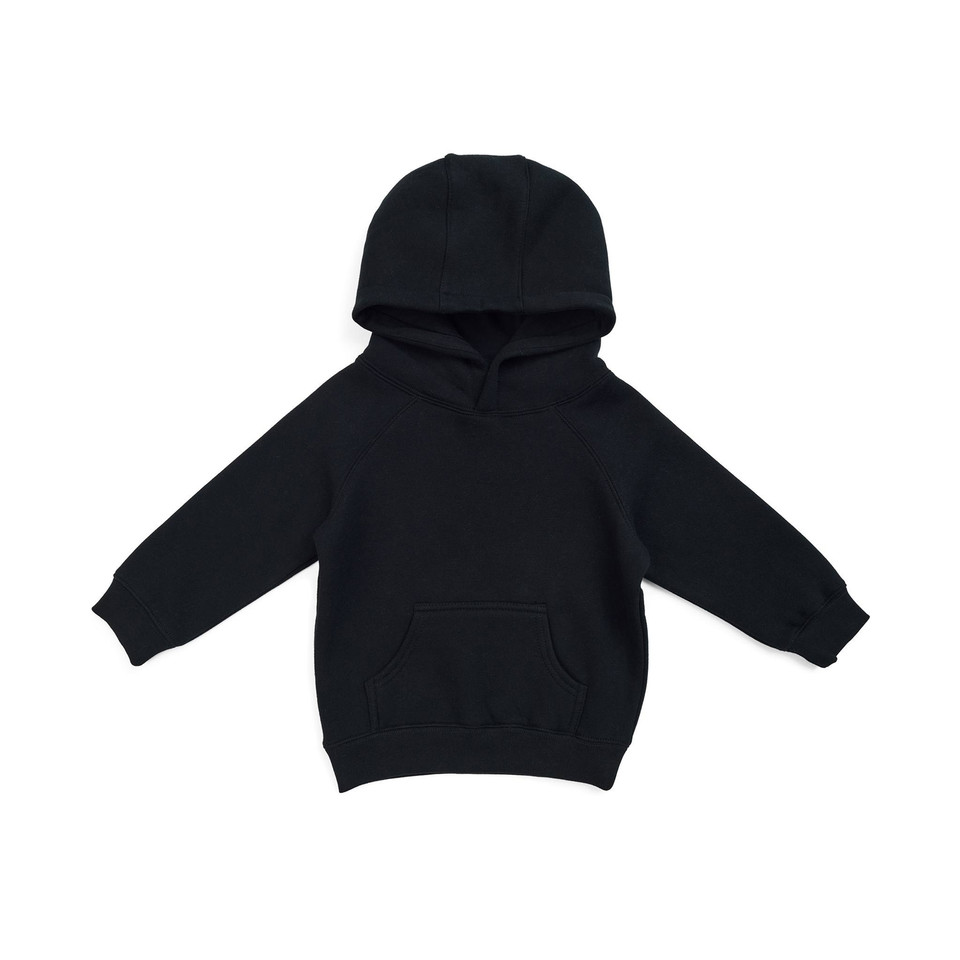 Black kids hoodie with kangaroo pocket and hood, featuring ribbed cuffs and hem