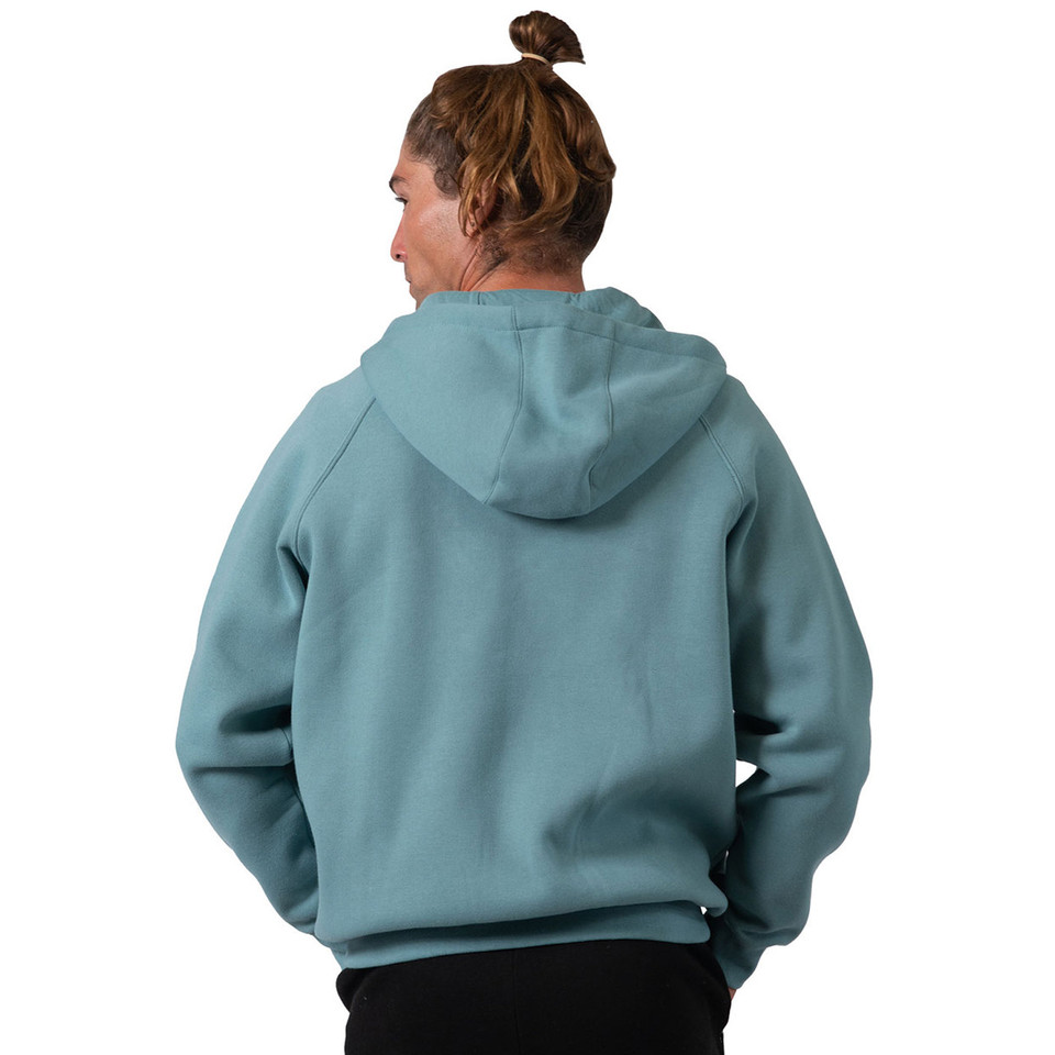 Back view of sage blue zip hoodie with hood up showing raglan sleeves and ribbed hem