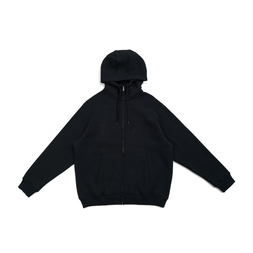 Black zip-up hoodie with drawstring hood and front pockets laid flat on white background