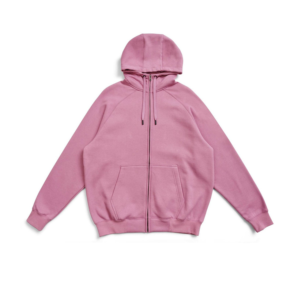 Dusty pink zip-up hoodie with kangaroo pocket and drawstring hood laid flat on white background