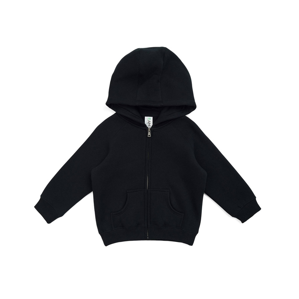 Black zip-up hoodie with kangaroo pockets and ribbed cuffs in toddler sizing