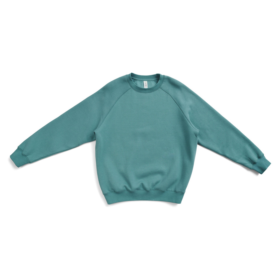 Teal crew neck fleece sweater with raglan sleeves and ribbed cuffs on white background