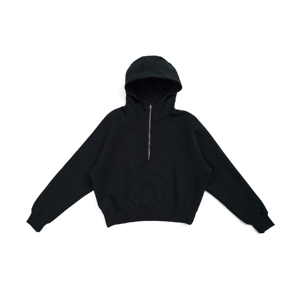 Black cotton rich half zip hoodie with hood and ribbed cuffs for ladies and teens