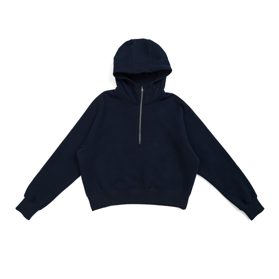 Navy cropped half-zip hoodie with drawstring hood, ribbed cuffs and hem, silver metal zip pull